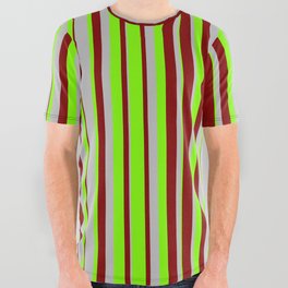 [ Thumbnail: Grey, Chartreuse, and Maroon Colored Striped Pattern All Over Graphic Tee ]
