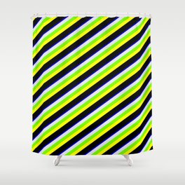 [ Thumbnail: Colorful Blue, Lavender, Green, Yellow, and Black Colored Stripes Pattern Shower Curtain ]