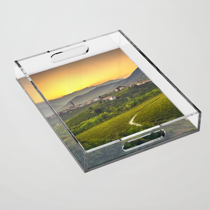 Prosecco Hills, vineyards and S.Pietro di Barbozza village at sunset. Italy Acrylic Tray