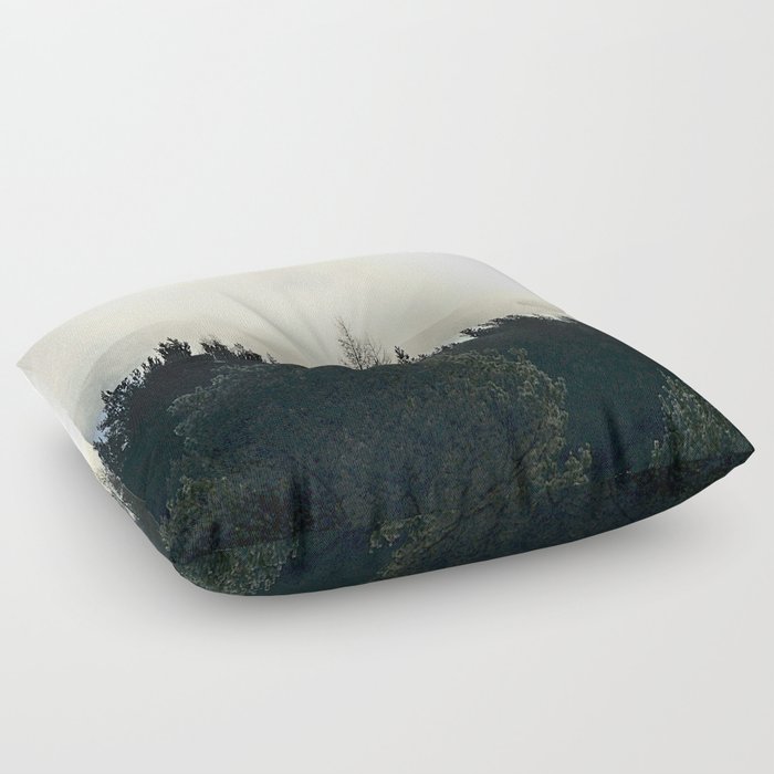 Scottish Highlands Pine Forest Misty Nature Scene in Afterglow  Floor Pillow
