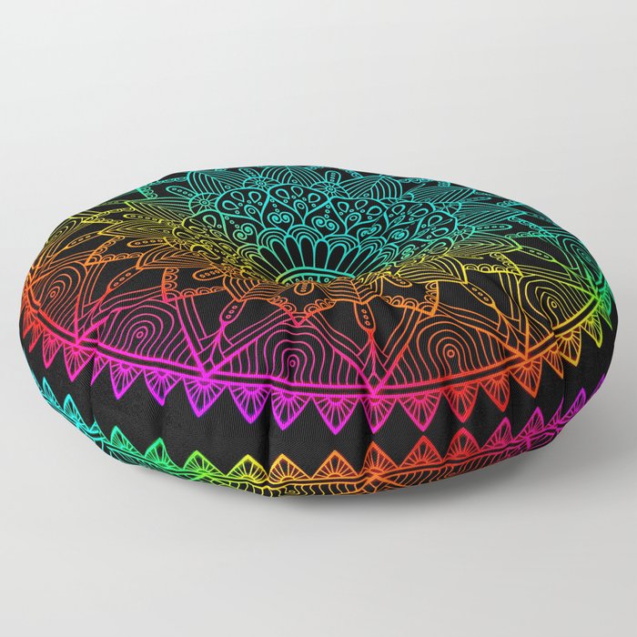 Black Rainbow Mandala Doodle Floor Pillow