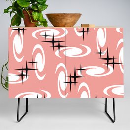 Retro Atomic Age Swirls Stars Pattern Salmon Pink Credenza