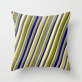 [ Thumbnail: Colorful Pale Goldenrod, Dark Khaki, Green, Grey & Blue Colored Lines/Stripes Pattern Throw Pillow ]