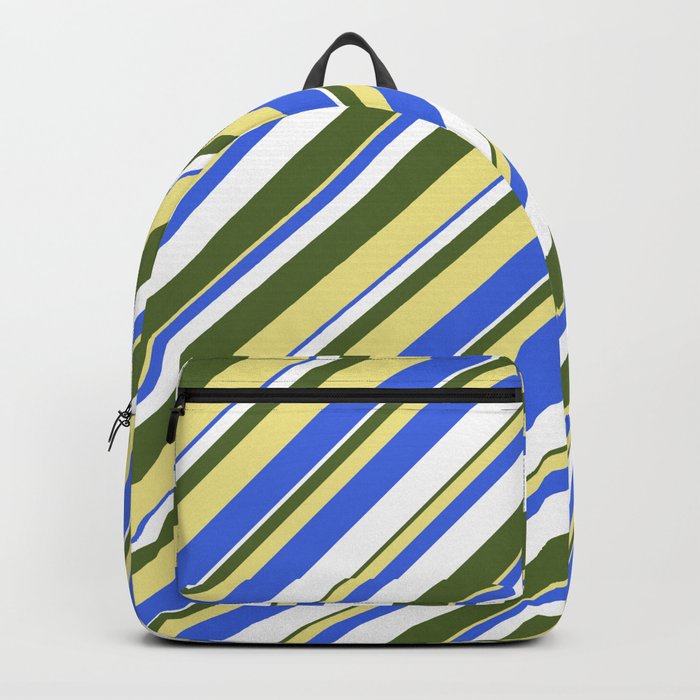 Dark Olive Green, Tan, Royal Blue, and White Colored Stripes Pattern Backpack