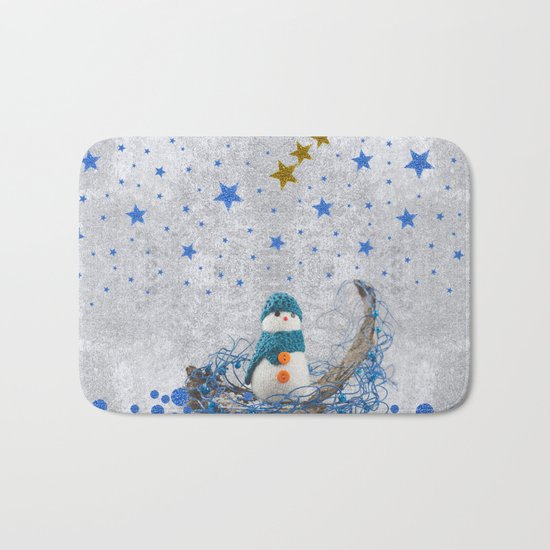 Snowman with sparkly blue stars Bath Mat
