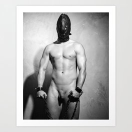 Beautiful naked man in handcuffs. Art Print