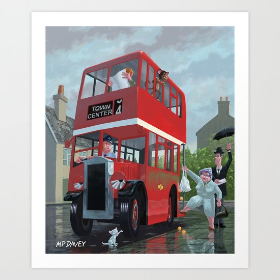 bus queue for a red bus on a rainy day Art Print