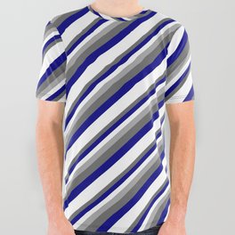 [ Thumbnail: Dark Gray, Dim Gray, Blue & White Colored Striped Pattern All Over Graphic Tee ]