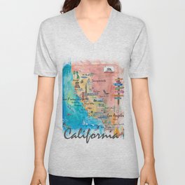 California Illustrated Map with Tourist Highlights and Roads 2nd Edition V Neck T Shirt