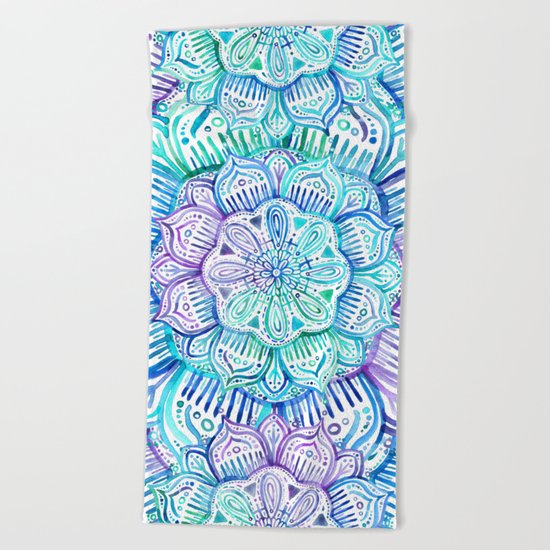 Iridescent Aqua and Purple Watercolor Mandala Beach Towel