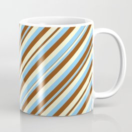 [ Thumbnail: Light Yellow, Light Sky Blue & Brown Colored Pattern of Stripes Coffee Mug ]