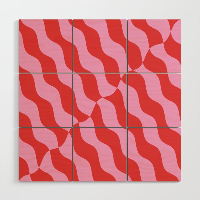 Retro Wavy Abstract Pattern in Red & Pink Wood Wall Art