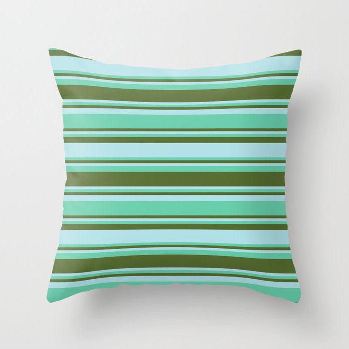 Aquamarine, Dark Olive Green, and Powder Blue Colored Stripes/Lines Pattern Throw Pillow