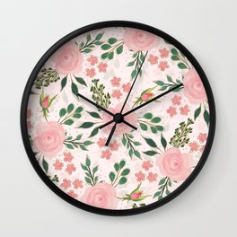 Pink Watercolor Roses Gold Outline Design Wall Clock