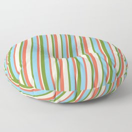 [ Thumbnail: Red, Beige, Green, and Sky Blue Colored Stripes Pattern Floor Pillow ]