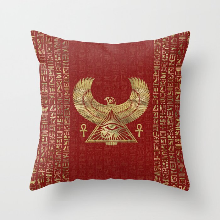 Eye of Horus - Wadjet Gold on Red Leather Throw Pillow