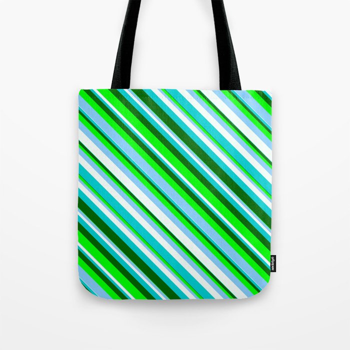 Lime, Light Sky Blue, Mint Cream, Dark Turquoise & Dark Green Colored Lines/Stripes Pattern Tote Bag