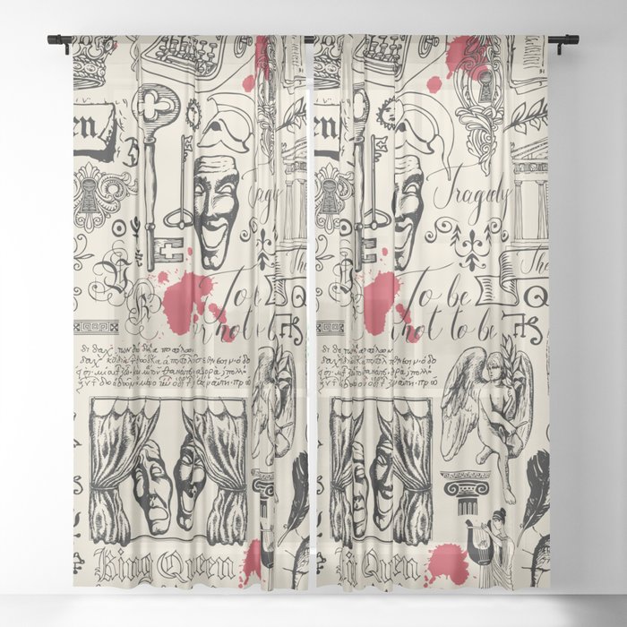 Abstract seamless pattern on the theme of theater and drama with black pencil drawings and red blots in vintage style.  Sheer Curtain