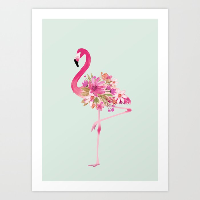 Flamingo with flowers Art Print