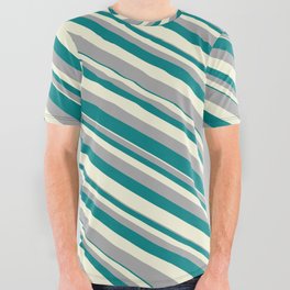 [ Thumbnail: Beige, Dark Gray, and Teal Colored Pattern of Stripes All Over Graphic Tee ]
