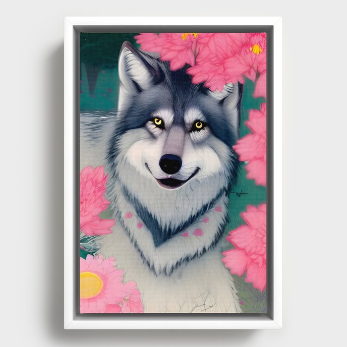 Wolf with Spring Flowers Framed Canvas