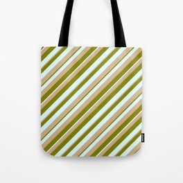 [ Thumbnail: Green, Light Cyan & Tan Colored Pattern of Stripes Tote Bag ]