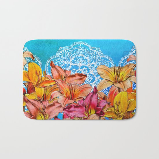 Orange Lilies & White Mandala on Blue Bath Mat