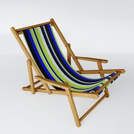 [ Thumbnail: Light Grey, Green, Blue & Black Colored Lined Pattern Sling Chair ]