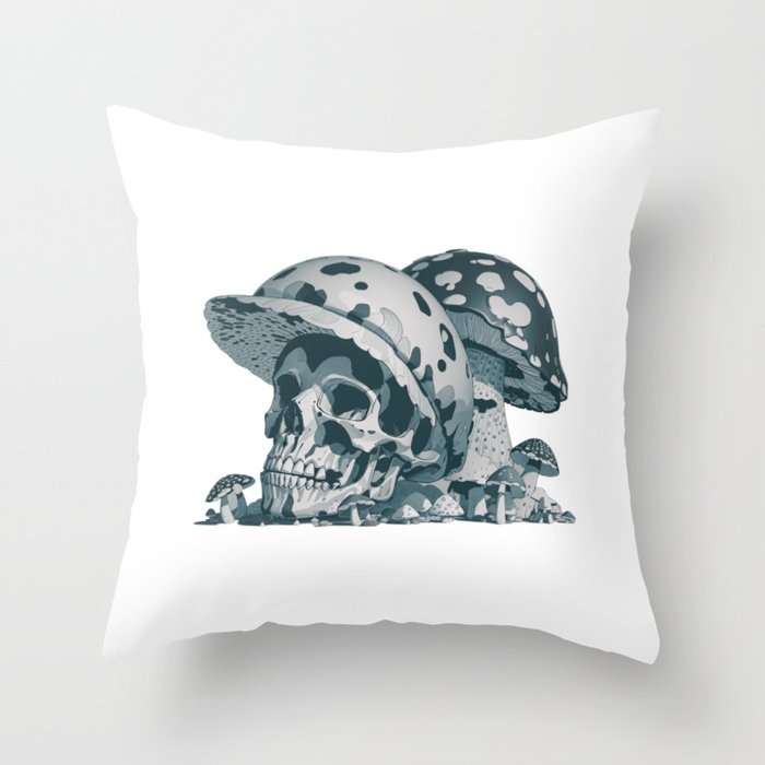 black and white ghost mushroom skull illustration Throw Pillow