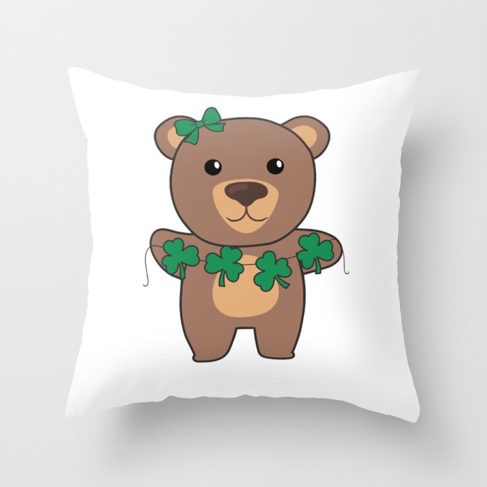 Bear With Shamrocks Cute Animals For Luck Throw Pillow