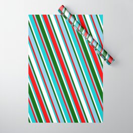 [ Thumbnail: Sky Blue, Red, Dark Turquoise, White, and Dark Green Colored Striped Pattern Wrapping Paper ]