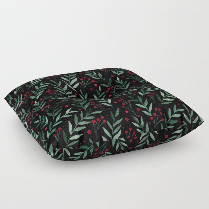 Festive watercolor branches - black, red and green Floor Pillow
