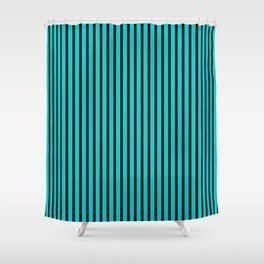 [ Thumbnail: Dark Turquoise & Black Colored Stripes Pattern Shower Curtain ]