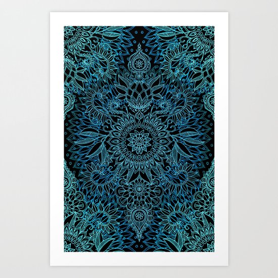 Black & Aqua Protea Doodle Pattern Art Print