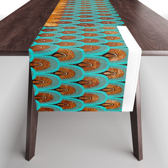 Copper Metal Foil and Aqua Mermaid Scales- Abstract glitter pattern Table  Runner by Better HOME