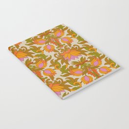 Orange, Pink Flowers and Green Leaves 1960s Retro Vintage Pattern Notebook