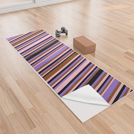 [ Thumbnail: Pink, Brown, Purple & Black Colored Lined Pattern Yoga Towel ]