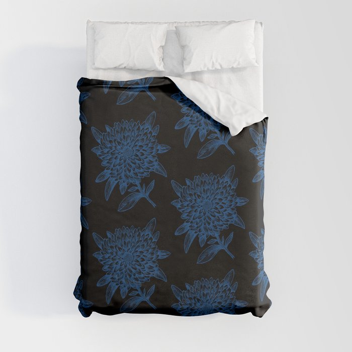 Elegant Flowers Floral Nature Black Blue Duvet Cover