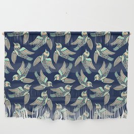 BIRDS FLYING HIGHER in MINT AND SAND ON DARK BLUE Wall Hanging