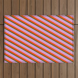 [ Thumbnail: Dark Green, Plum & Red Colored Lines/Stripes Pattern Outdoor Rug ]