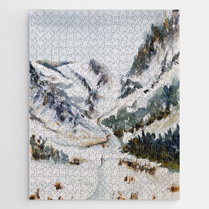 Watercolor Winter Mountains Landscape Jigsaw Puzzle