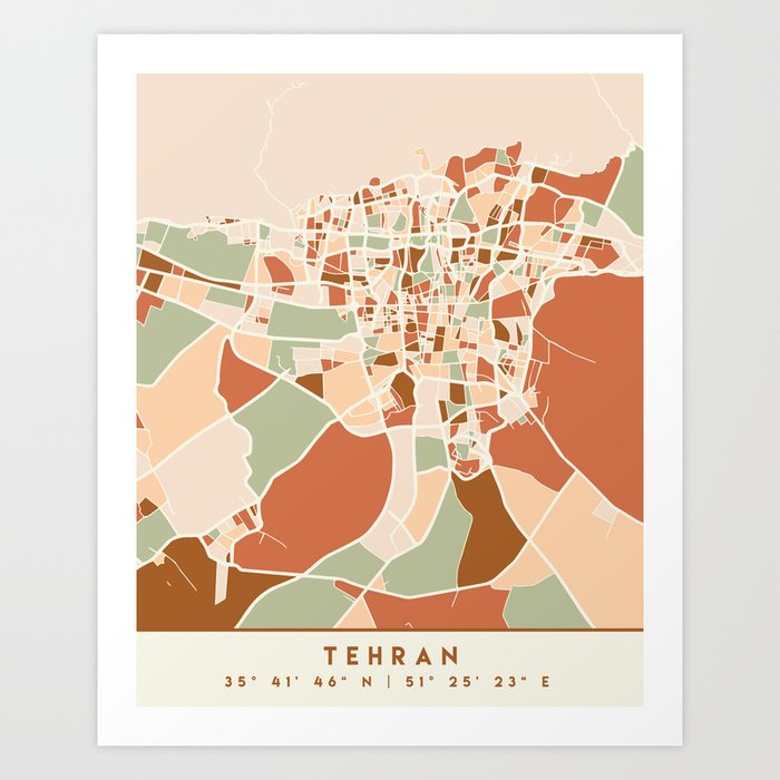 TEHRAN IRAN CITY MAP EARTH TONES Art Print