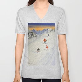 Skiing Family On The Slopes V Neck T Shirt