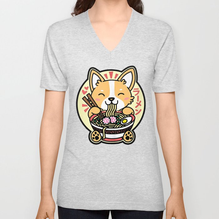 Kawaii Ramen Cute Anime Dog Corgi Japanese Noodles Unisex V Neck By Duythetees Society6