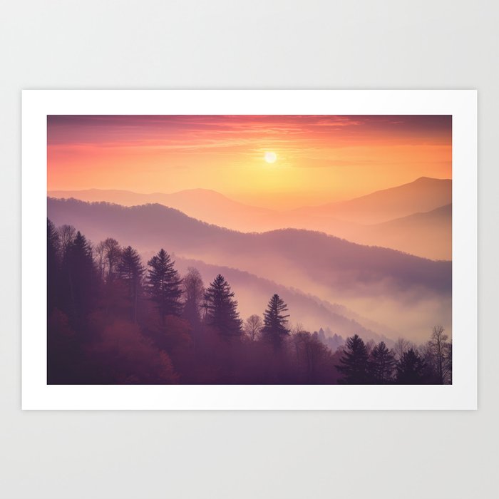 Purple Sunset over Foggy Mountains – Misty Forest Landscape Photography Art Print