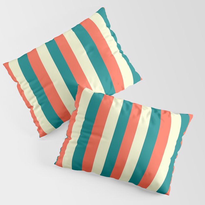 Teal, Red, and Light Yellow Colored Stripes Pattern Pillow Sham