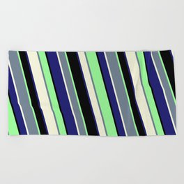 [ Thumbnail: Vibrant Slate Gray, Beige, Midnight Blue, Black, and Green Colored Stripes/Lines Pattern Beach Towel ]
