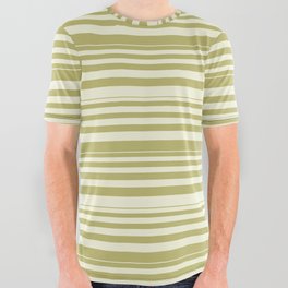 [ Thumbnail: Beige & Dark Khaki Colored Lined/Striped Pattern All Over Graphic Tee ]