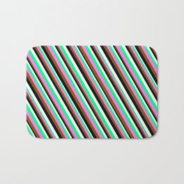 [ Thumbnail: Colorful Green, Violet, Brown, Black & White Colored Stripes Pattern Bath Mat ]