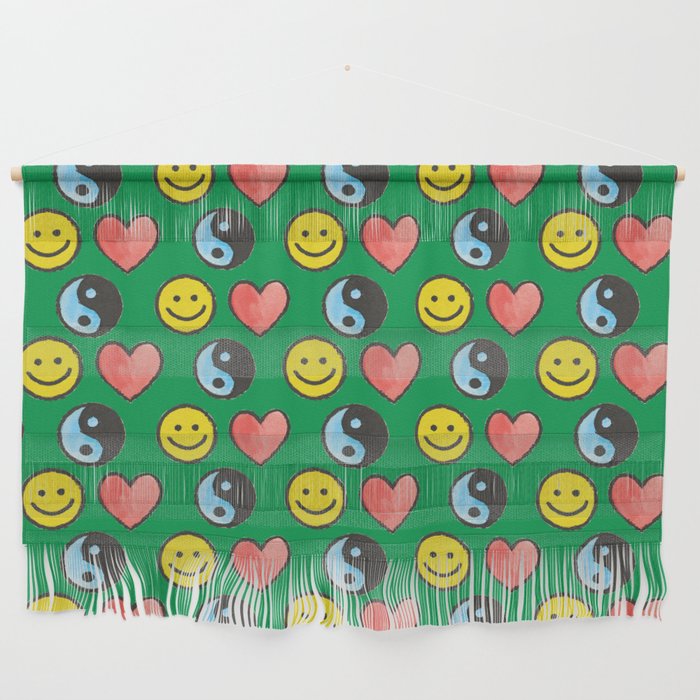 Hand-painted Y2K Symbols \\ Smiley | Heart | Yin Yang \\ Green BG Wall Hanging